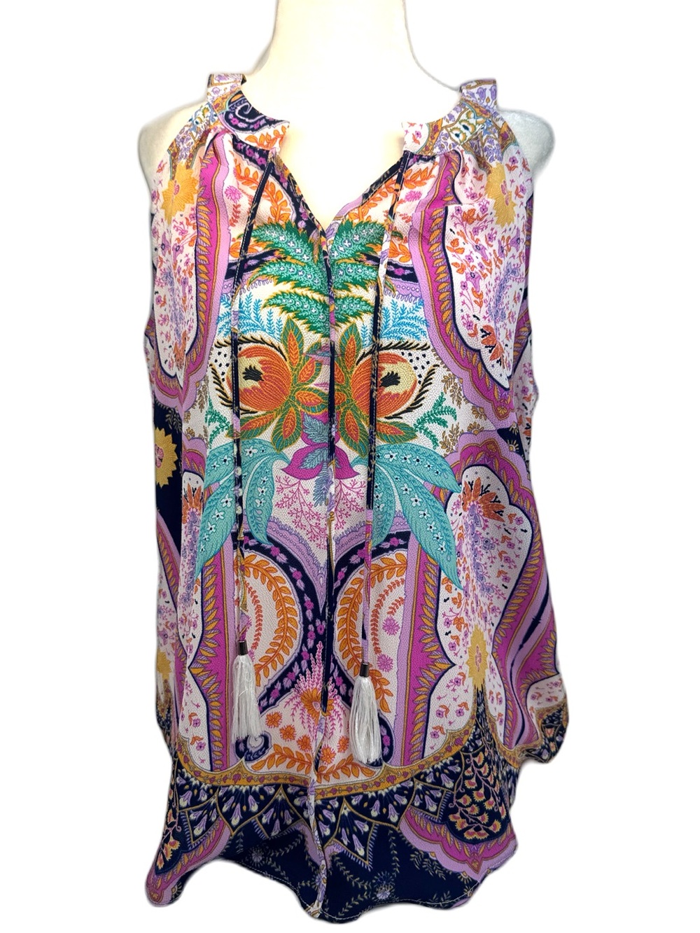 Rose + Olive sleeveless halter top pink colorful print tassels curved hem Sz Med